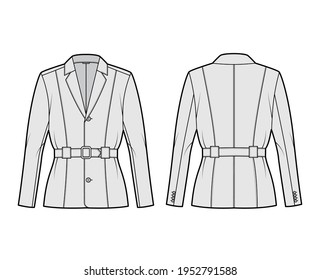 Belted jacket technical fashion illustration with belt, oversized, long sleeves, notched collar, button opening. Flat coat template front, back, grey color style. Women, men, unisex top CAD mockup