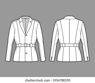 Belted jacket technical fashion illustration with belt, oversized, long sleeves, notched collar, button opening. Flat coat template front, back, white color style. Women, men, unisex top CAD mockup