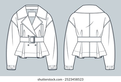 Belted Jacket moda técnica Ilustração. Cropped Trench Coat moda plana modelo de desenho técnico, duplo peito, botões, bolsos, vista frontal e traseira, branco, mulheres, homens, unisex CAD mockup.