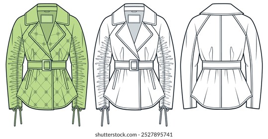 Belted Jacket moda técnica Ilustração. Acolchoado para baixo Jacket moda plana modelo de desenho técnico, cordão, frente e vista traseira, branco, verde, mulheres, homens, conjunto de maquete CAD unisex.