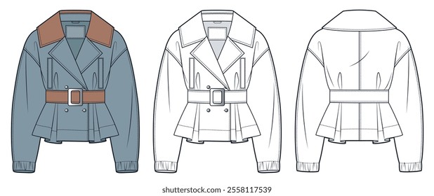 Belted Jacket technical fashion Illustration. Trench Coat fashion flat technical drawing template, double-breasted, buttons, pockets, front, back view, white, blue grey, women, men, unisex CAD mockup.