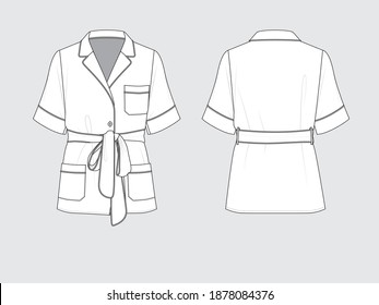 belted pajamas style blouse, front and back, drawing flat sketches with vector illustration by sweettears