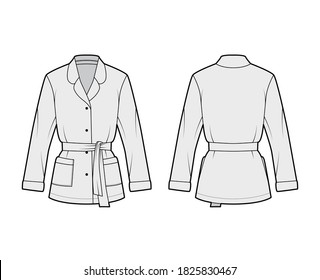 Belted pajama-style wrap shirt technical fashion illustration with relaxed fit, rounded notch collar, long sleeves, square pockets. Flat apparel template front back grey color. Women blazer CAD mockup