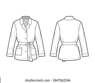 Belted pajama-style wrap shirt technical fashion illustration with relaxed fit, rounded notch collar, long sleeves, square pockets. Flat template front back white color. Women men blazer CAD mockup