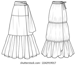 Belted Tired A line Maxi Skirt design flat sketch vector illustration, Women's long Full length gypsy tire skirt for casual wear fashion technical drawing vector template mock up