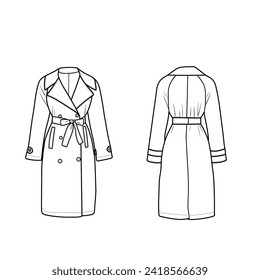 Belted trench coat fashion flat technical drawing template, pocket, front and back view.