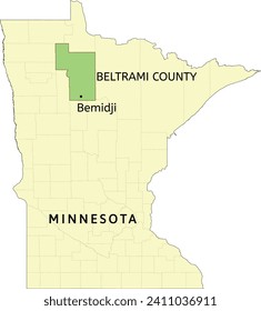 Beltrami County and city of Bemidji location on Minnesota state map