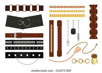 Belts with braiding, pendant and chain set. Vector illustrations of leather, gold and silver design elements. Cartoon belts with ring, buckle or fringe isolated on white. Jewelry, baroque concept svg