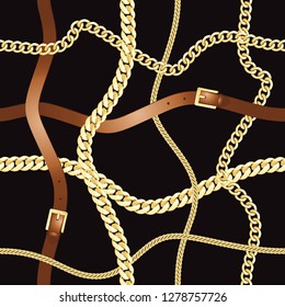 Belts and gold chain check seamless pattern. Luxury background for textile prints, silck shawls, greeting wrappings.