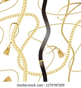 Belts and gold chain check seamless pattern. Luxury background for textile prints, silk shawls, greeting wrappings.