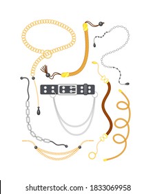 Belts leather and metallic gold and silver chains, stainless steel necklaces. Fashion jewelry from precious metals. Isolated vector illustration with realistic metallic accessories.