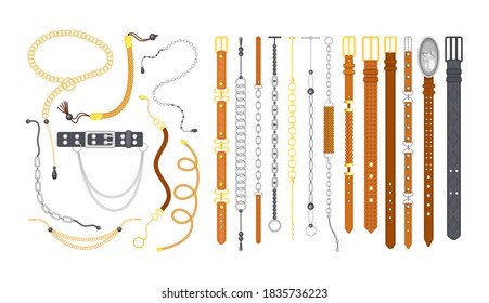 Belts leather and metallic gold and silver chains, stainless steel necklaces. Fashion jewelry from precious metals. Isolated vector illustration with realistic metallic accessories.