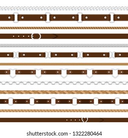 Belts patterns. Leather belts, metal chains and rope cords horizontal seamless items on white, vector elegant accessories strap tiles