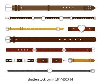 Belts strap and buckles set, fashionable leather accessory. Male and female classic styled wear. Vector flat style cartoon illustration isolated on white background