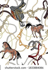 belts,rope and golden chains mix pattern with two brown horses and horse saddle. perfect for textile, wallpaper. Handkerchief design.