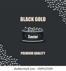 Beluga caviar. A real Russian national delicacy. Salted black caviar in an iron jar. Seafood. Vector illustration. Small eggs are scattered on the table. EPS
