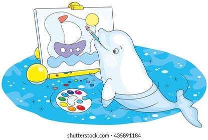 beluga drawing a picture with a brush and paints