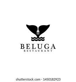 Beluga fork restaurant cafe simple elegant logo design featuring minimalist beluga silhouette combined with fork symbol, suitable for seafood restaurant, fine dining, modern cafe, culinary brand