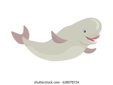 Beluga whale cartoon character. Cute white whale flat vector isolated on white background. Arctic aquatic fauna. Beluga icon