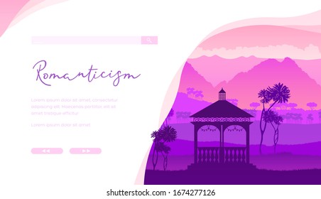 Belvedere in the sunset against the background of the savanna. Gazebo for a romantic vacation in the lap of nature. Vector illustration design concept.