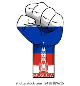 Belvy logo of the Moscow Kremlin against the background of a large clenched fist in the color of the Russian tricolor. Vector illustration
