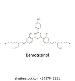 Bemotrizinol flat skeletal molecular structure used as Sunscreen. Vector illustration scientific diagram.
