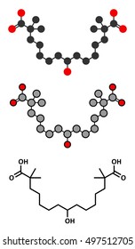 Bempedoic acid hypercholesterolemia drug molecule (ATP-citrate lyase inhibitor). Stylized 2D renderings and conventional skeletal formula.
