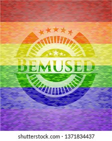 Bemused emblem on mosaic background with the colors of the LGBT flag