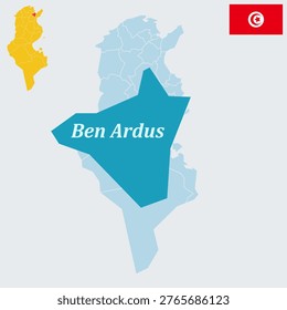 Ben Arous Tunisia Map and Flag - Ben Arous Governorate Capital, Part of Grand Tunis and Sidi Fathallah Plain Vector Outline.