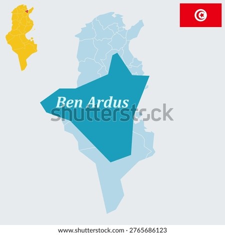 Ben Arous Tunisia Map and Flag - Ben Arous Governorate Capital, Part of Grand Tunis and Sidi Fathallah Plain Vector Outline.