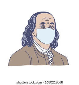 Ben Franklin In Medical Mask, Hand Drawn Vector Illustration, Financial Crisis Concept, Cute Flat Style