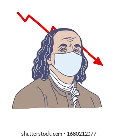 Ben Franklin In Medical Mask, Hand Drawn Vector Illustration, Financial Crisis Concept, Cute Flat Style