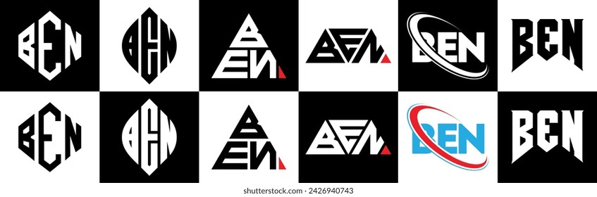 BEN letter logo design in six style. BEN polygon, circle, triangle, hexagon, flat and simple style with black and white color variation letter logo set in one artboard. BEN minimalist and classic logo