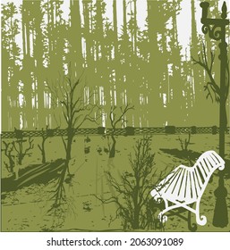 A bench in an abandoned corner of the park. Many trees, a lantern, a fence in the distance
