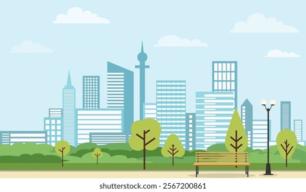 Bench against the backdrop of a city landscape. Bench in a park against the backdrop of a city. Vector, cartoon illustration. Vector.