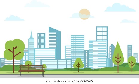 Bench against the backdrop of a city landscape. Bench in a park against the backdrop of a city. Vector, cartoon illustration. Vector.