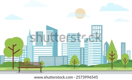 Bench against the backdrop of a city landscape. Bench in a park against the backdrop of a city. Vector, cartoon illustration. Vector.