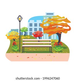 Bench in the autumn city park. Beautiful autumn with variegated falling leaves. Vector illustration of blot in flat style