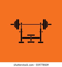 Bench with barbel icon. Orange background with black. Vector illustration.