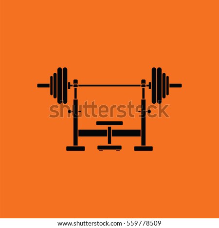 Bench with barbel icon. Orange background with black. Vector illustration.