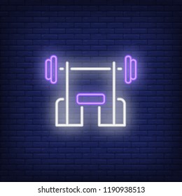 Bench with barbell neon sign. Fitness club, sport and advertisement design. Night bright neon sign, colorful billboard, light banner. Vector illustration in neon style.