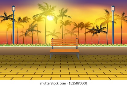 Bench at the beach walkway in the evening