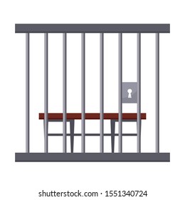 Bench behind prison bars flat vector illustration. Empty convict seat front view, courtroom cell with no people. Courthouse room element. Crime and punishment, judicial system, imprisonment symbol