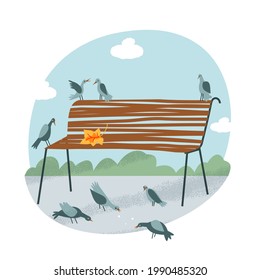 El día de otoño, los pájaros se pueden sentar en el parque. Hojas tendidas, cielo con nubes, vegetación, palomas sentadas sobre fondo blanco. Relajante escena triste solitaria en la ilustración vectorial de la naturaleza.