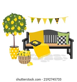 A Bench With A Blanket And Pillows Near A Lemon Tree. Vector Clipart.