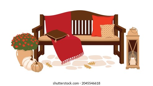 A bench with a blanket and pillows, a street lamp with a candle, a pot of flowers. Vector clipart, white background.