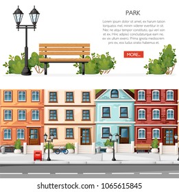 Bench with bushes and lantern. Cartoon style design. Park and city street concept. Vector illustration on white background. Web site page and mobile app design.