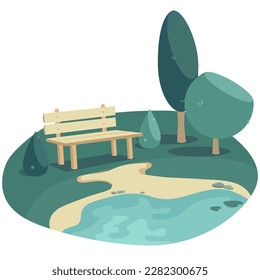 Bench by a Lake Vector Illustration mit grüner Umgebung in Frühsommersaison