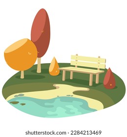 Bench by a Lake Vector Illustration with Surroundings in Autumn Fall Season