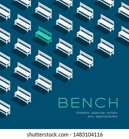 Bench chair 3D isometric pattern, Furniture concept poster and banner square design illustration isolated on blue background with copy space; vector eps 10